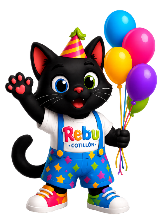 Blacky saludando con globos mientras ayuda a armar el festejo